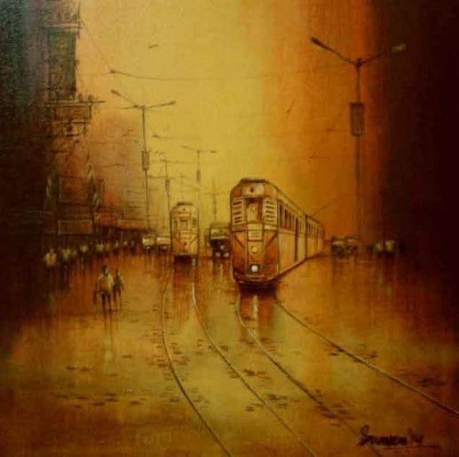 Cityscape acrylic painting titled 'Cityscape 2', 18x18 inch, by artist Soumen Saha on Canvas