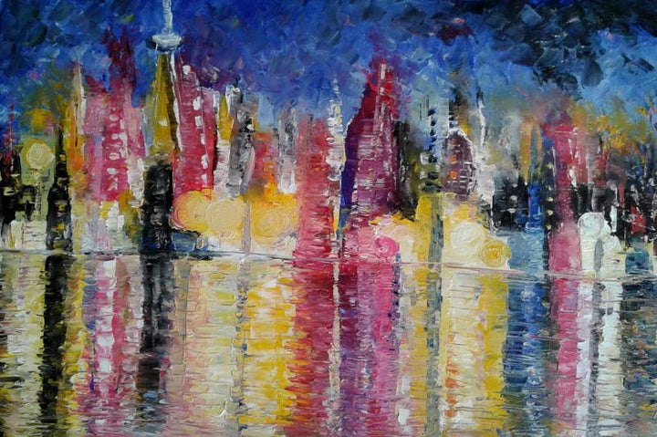 Impressionist oil painting titled 'Cityscape', 20x23 inches, by artist Kiran Bableshwar on Canvas