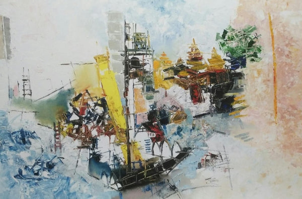 Cityscape oil painting titled 'Cityscape (Bombay)', 24x36 inch, by artist Anand Narain on Canvas