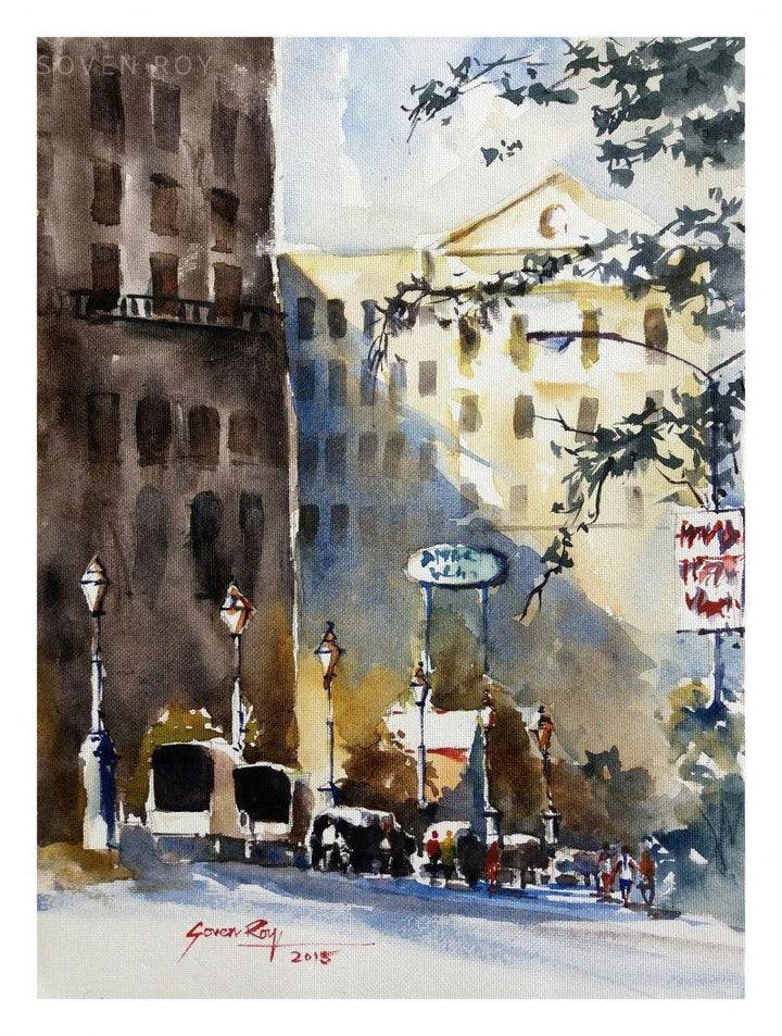 Landscape watercolor painting titled 'Cityscape Kalyaninagar Pune 1', 14x10 inches, by artist Soven Roy on Paper