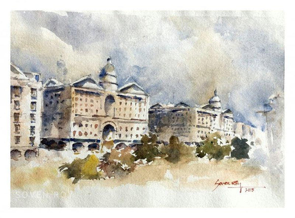 Landscape watercolor painting titled 'Cityscape kalyaninagar Pune 2', 14x10 inches, by artist Soven Roy on Paper