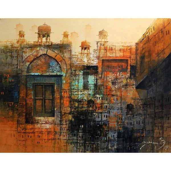 Cityscape oil painting titled 'Cityscape Painting 1', 22x28 inches, by artist A. Q. Arif on Canvas