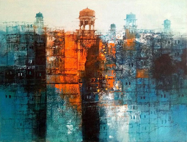 Cityscape oil painting titled 'Cityscape Painting 3', 22x28 inches, by artist A. Q. Arif on Canvas