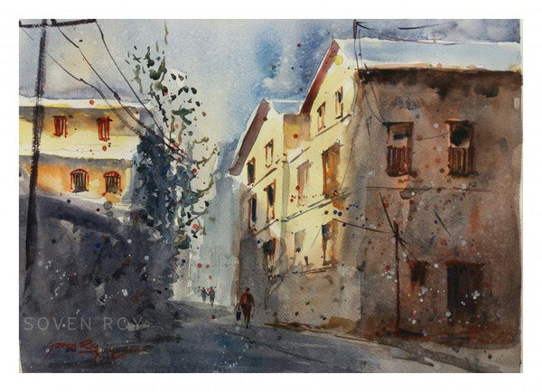 Cityscape watercolor painting titled 'CITYSCAPE PUNE', 16x12 inches, by artist Soven Roy on Paper