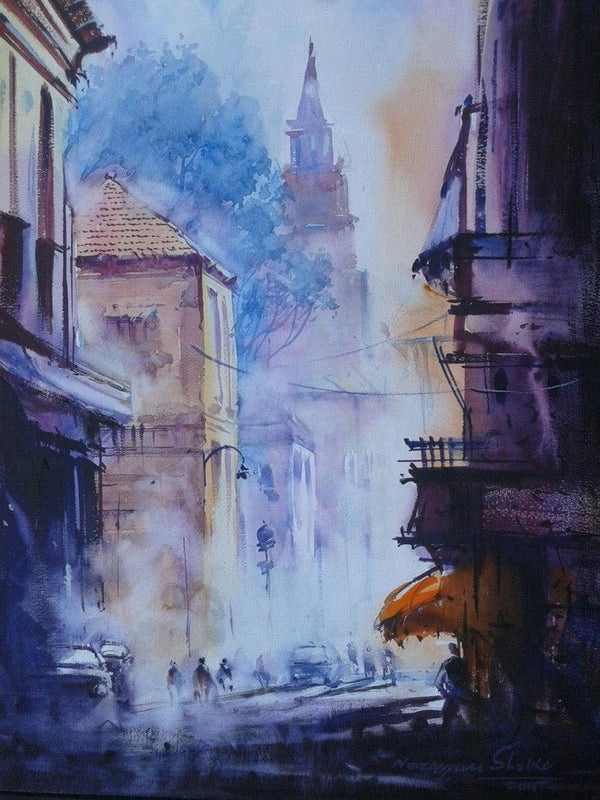 Cityscape watercolor painting titled 'Cityscape V', 14x20 inches, by artist Narayan Shelke on Paper