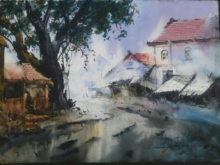 Cityscape watercolor painting titled 'Cityscape VI', 14x20 inches, by artist Narayan Shelke on Paper