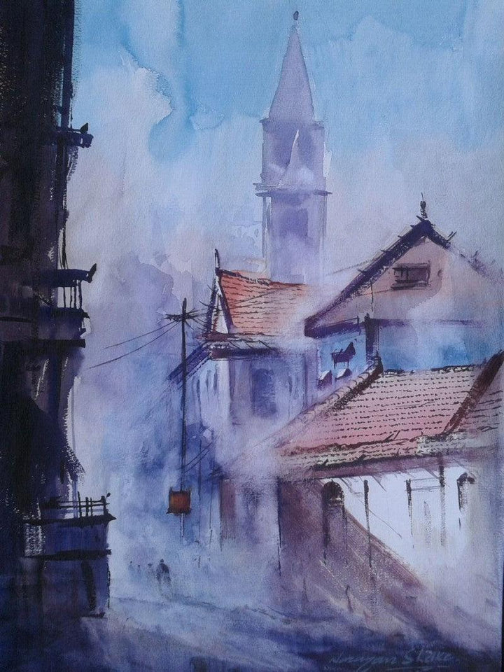 Cityscape watercolor painting titled 'Cityscape X', 14x20 inches, by artist Narayan Shelke on Paper