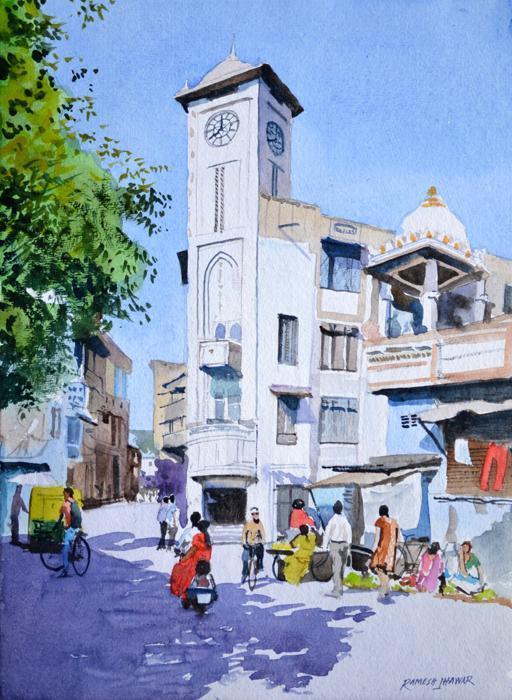 Cityscape watercolor painting titled 'Clock Tower', 15x11 inches, by artist Ramesh Jhawar on Paper