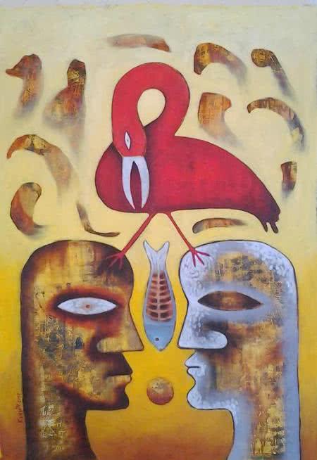 Figurative oil painting titled 'Close Encounter', 43x33 inches, by artist Ranjith Raghupathy on Canvas