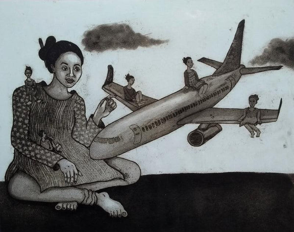 Figurative printmaking titled 'Cloude Nine', 15x20 inches, by artist Nandini Pantawane on Paper