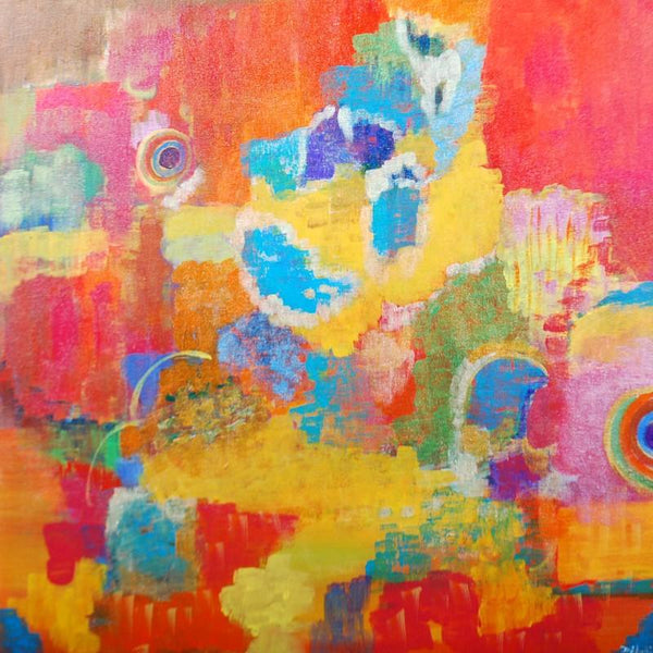 Abstract acrylic painting titled 'Clouds of Krishna Clouds of Color', 24x24 inches, by artist Dipti Pandit on Canvas Board