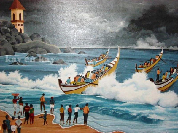 Seascape acrylic painting titled 'Cloudy Beach', 36x24 inches, by artist Narayanankutty Kasthuril on Canvas Board