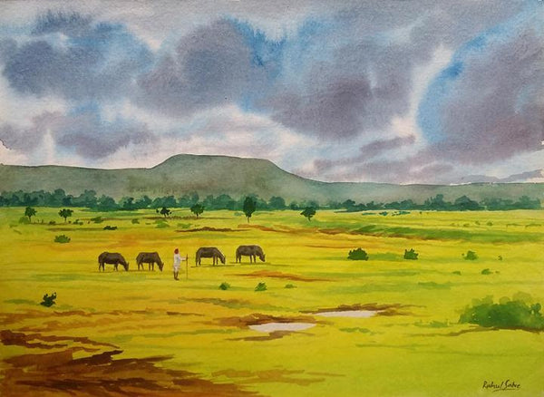 Landscape watercolor painting titled 'Cloudy Day', 15x11 inches, by artist Rahul Salve on Paper