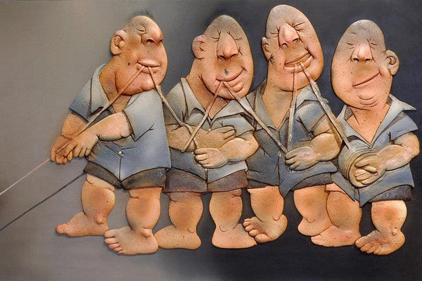 Figurative sculpture titled 'Co operation', 36x72x10 inches, by artist Deveshh Upadhyay on Ceramic