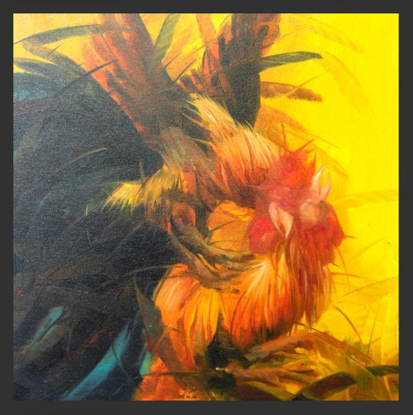 Expressionist oil painting titled 'Cock fight', 24x24 inches, by artist NAGENDRAN DURAISAMI on Canvas