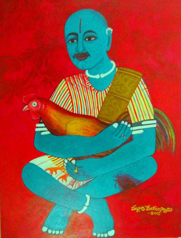 Figurative acrylic painting titled 'Cock Fighter', 18x14 inches, by artist V.v. Swamy on Canvas