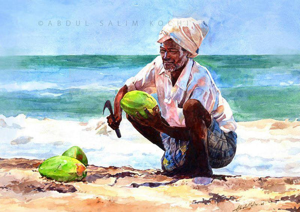 Figurative watercolor painting titled 'Coconut Seller', 15x22 inches, by artist Abdul Salim on Paper