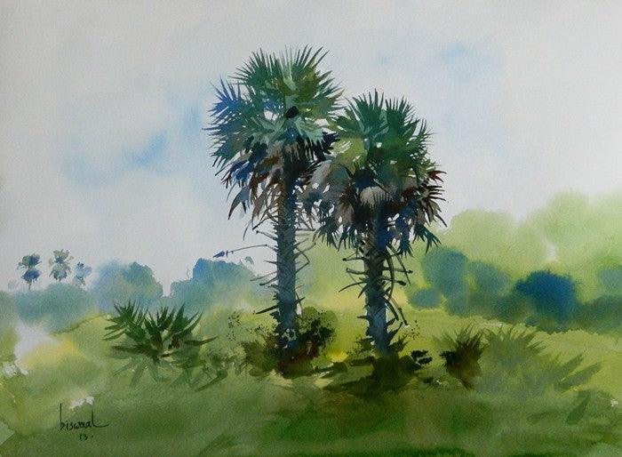 Nature watercolor painting titled 'Coconut Trees', 11x16 inches, by artist Bijay Biswaal on Paper