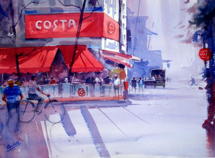 Cityscape watercolor painting titled 'Coffee Time', 11x15 inches, by artist Ravee Songirkar on Paper