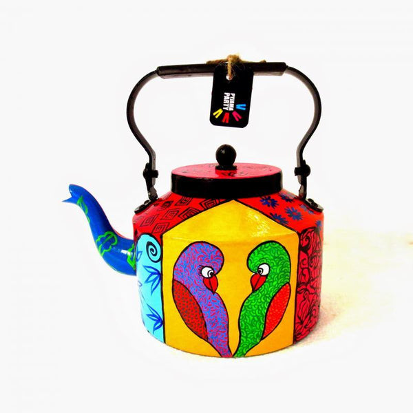 Lifestyle craft titled 'Color Birds Tea kettle', 9x9x7 inches, by artist Rithika Kumar on Aluminium