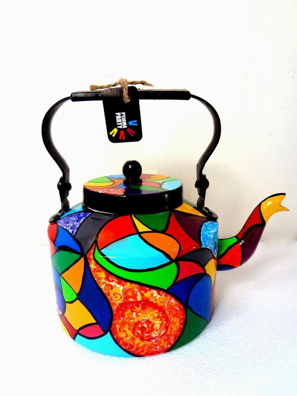 Lifestyle craft titled 'Color Patch Tea Kettle', 9x9x7 inches, by artist Rithika Kumar on Aluminium