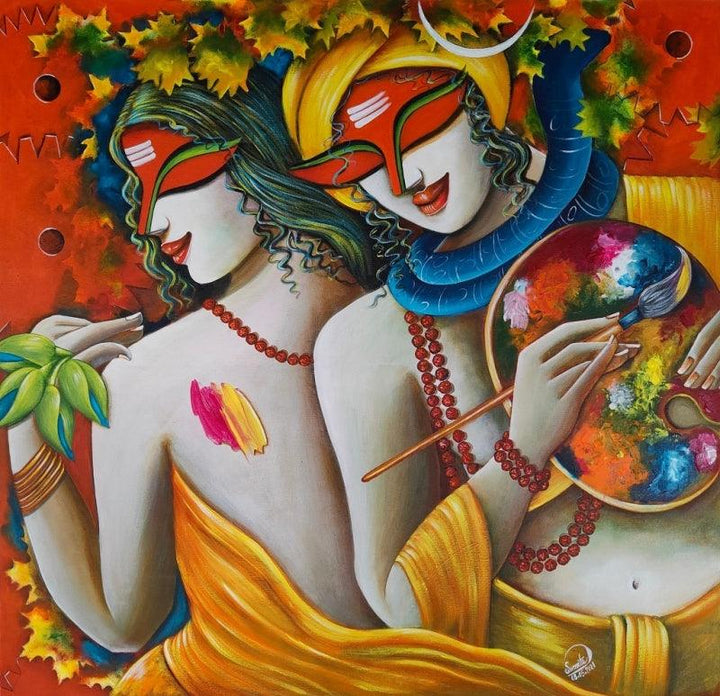 Religious acrylic painting titled 'Colors Of Life 1', 32x32 inches, by artist Susmita Mandal on Canvas