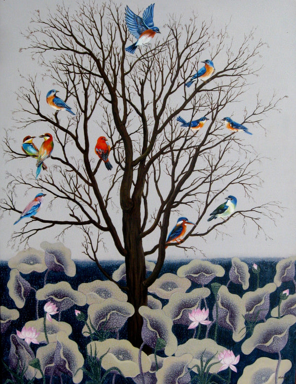 Nature acrylic painting titled 'Colour Full Birds', 47x36 inch, by artist Nur Ali on Canvas