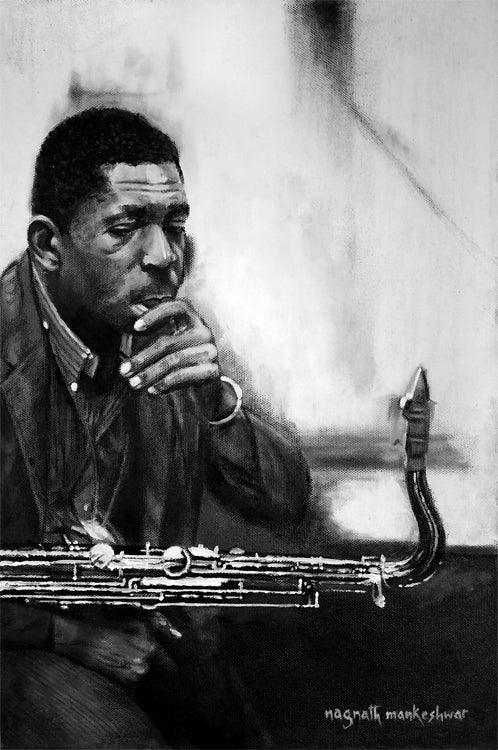 Figurative charcoal painting titled 'Coltrane', 18x12 inches, by artist Nagnath Mankeshwar on Canvas