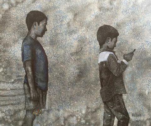 Figurative mixed media painting titled 'Come Out And Play 1', 24x30 inches, by artist Manish Solanki on Canvas