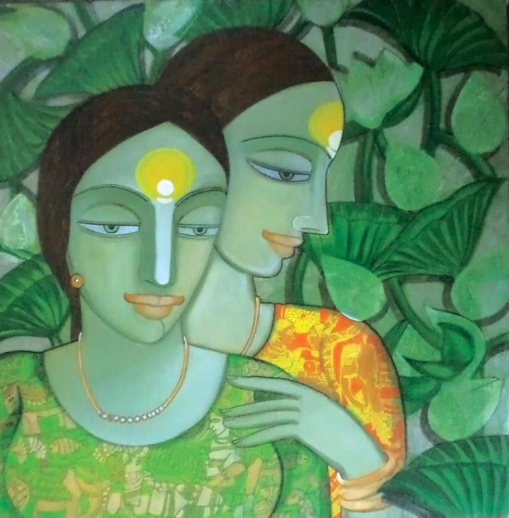 Figurative acrylic painting titled 'Composition 1', 24x24 inches, by artist Dewashish Das on Canvas