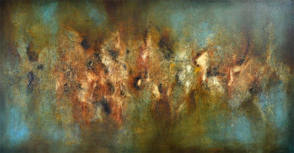 Abstract oil painting titled 'Composition 16', 52x27 inches, by artist Sanjay Akolikar on Canvas