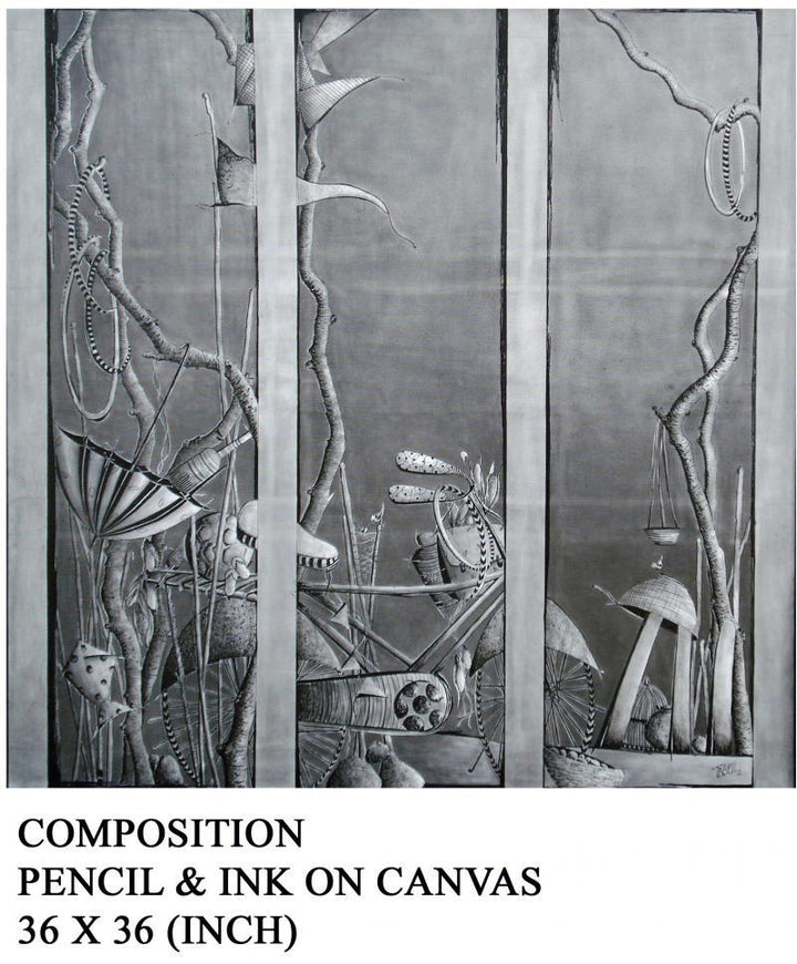 contemporary pencil drawing titled 'Composition', 36x36 inches, by artist Trapti Gupta on Canvas