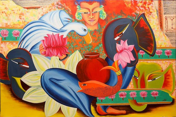 Figurative acrylic painting titled 'Composition on mahalakshmi', 48x72 inches, by artist Deepali Mundra on Canvas