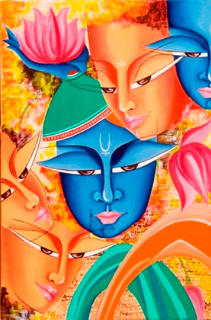 Figurative acrylic painting titled 'Composition On Sree Krishna', 24x18 inches, by artist Deepali Mundra on Canvas