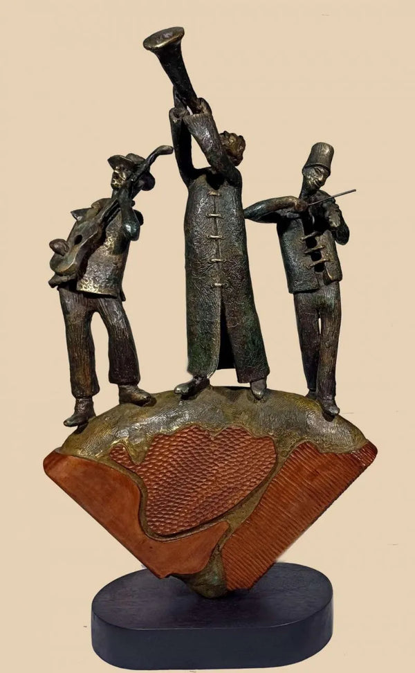 Figurative  sculpture titled 'Concert', 28x17 inch, by artist Subrata Paul on Bronze, Wood