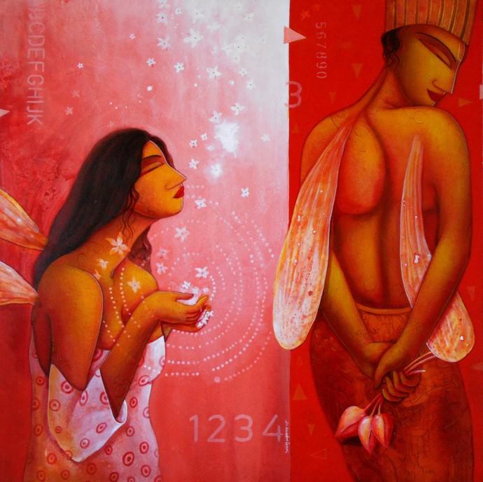 Figurative acrylic painting titled 'Conciliate', 36x36 inches, by artist Samir Sarkar on Canvas