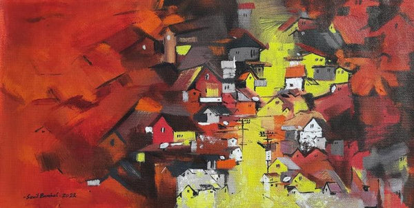 Cityscape acrylic painting titled 'Concrete Forest', 12x24 inches, by artist Sunil Bambal on Canvas