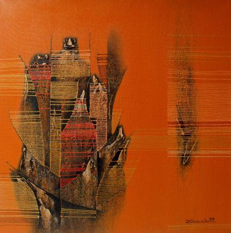 Abstract acrylic painting titled 'Conquer Orange Abstract', 24x24 inches, by artist Rahul Dangat on Canvas