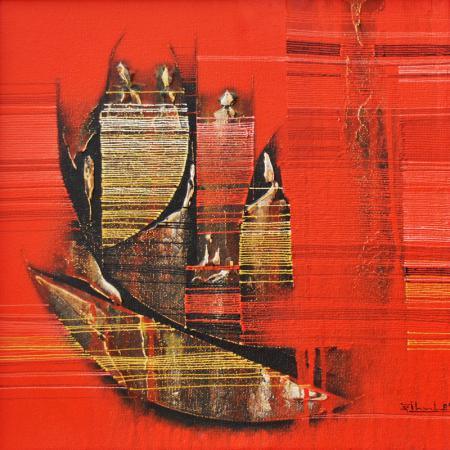 Abstract acrylic painting titled 'Conquer Red Abstract', 18x18 inches, by artist Rahul Dangat on Canvas