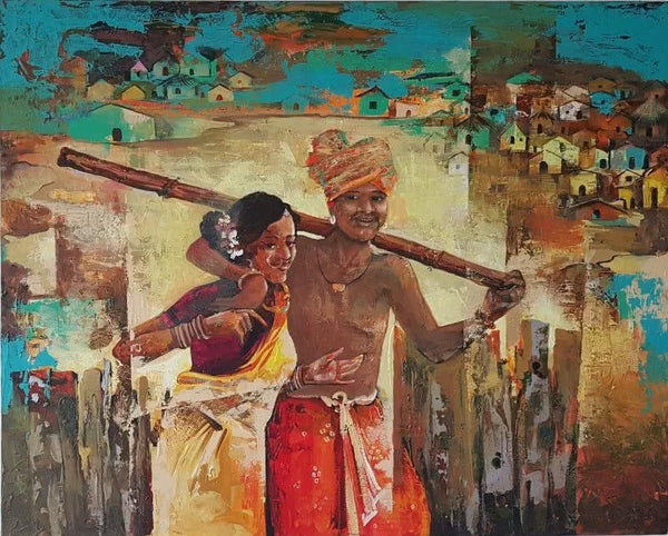 Expressionist oil painting titled 'Contention', 60x48 inches, by artist Durshit Bhaskar on Canvas