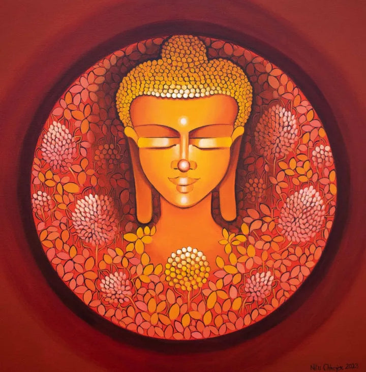 Religious acrylic painting titled 'Contentment Series 1', 30x30 inch, by artist Nitu Chhajer on Canvas