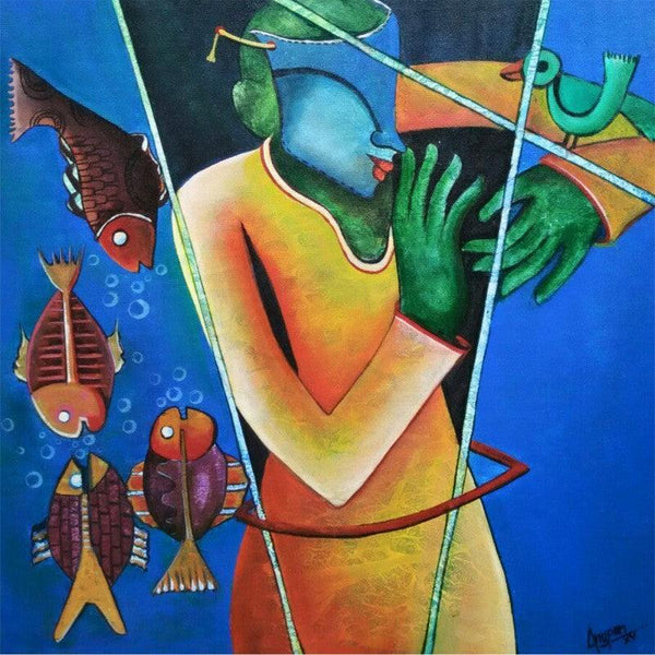 Figurative acrylic painting titled 'Conversatation 6', 24x24 inches, by artist Anupam Pal on Canvas