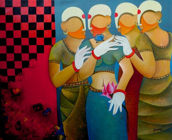 Figurative acrylic painting titled 'Conversation 10', 42x36 inches, by artist Anupam Pal on Canvas