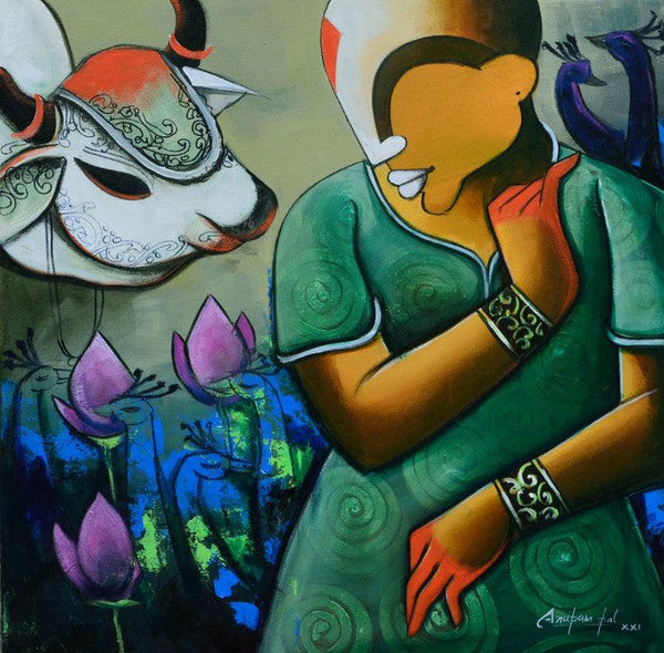 contemporary acrylic painting titled 'Conversation  41', 24x24 inches, by artist Anupam Pal on canvas