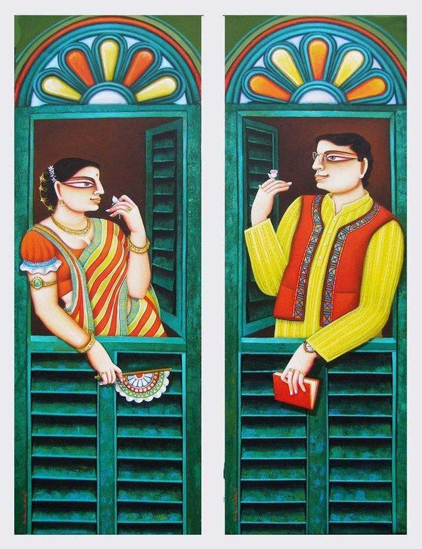 Figurative acrylic painting titled 'Conversation', 48x36 inches, by artist Gautam Mukherjee on Canvas