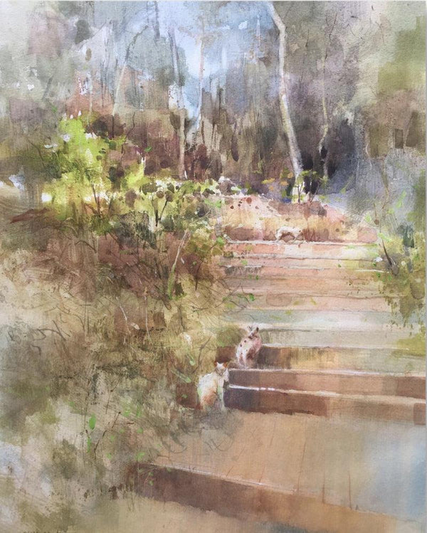 Cityscape watercolor painting titled 'Conversation Between Natural And Nature', 19x14 inches, by artist Shadab Kazi on Paper