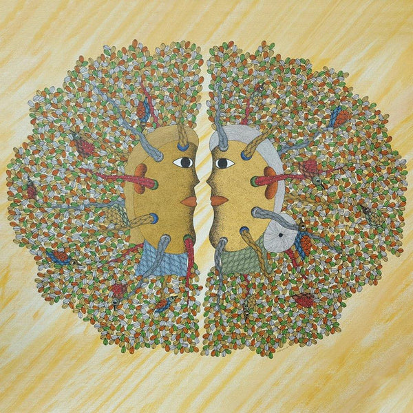 Folk Art gond traditional art titled 'Conversation Gond Art', 30x37 inches, by artist Santosh Maravi on Canvas