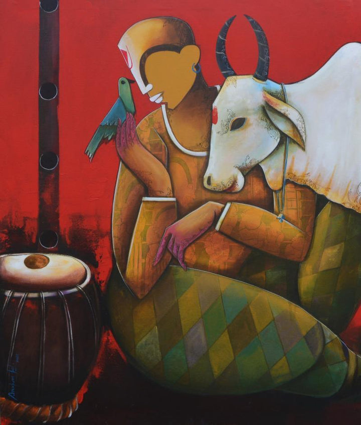 contemporary mixed media titled 'Conversation with bird', 42x36 inches, by artist Anupam Pal on canvas