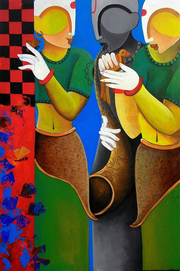 Figurative gouache painting titled 'Conversation11', 36x30 inches, by artist Anupam Pal on Canvas