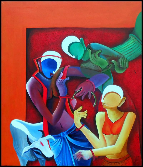 Figurative acrylic painting titled 'Conversation2 By Anupam Pal', 42x49 inches, by artist Anupam Pal on Canvas